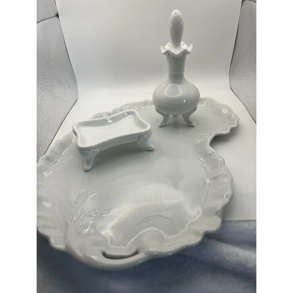Vintage Maryland China Japan White Ironstone Vanity Set Art Nouveau Dresser Tray